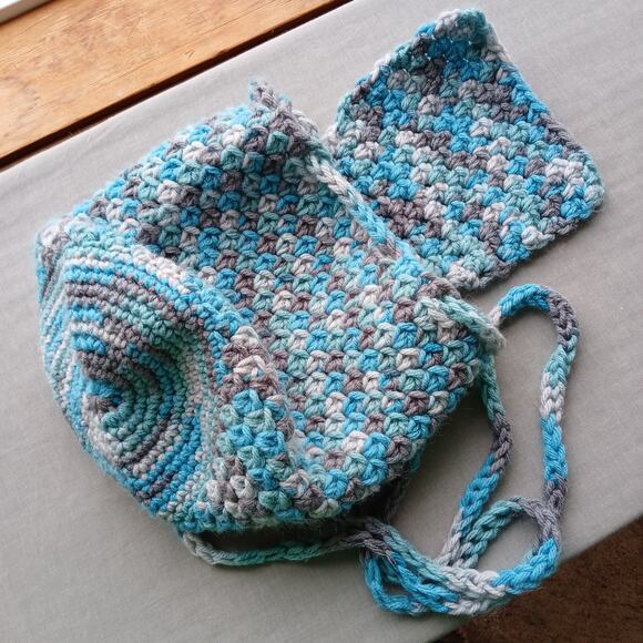 Icelandic Crochet Drawstring Mini Backpack Purse Bag blue grey handmade unlined - Picture 5 of 12